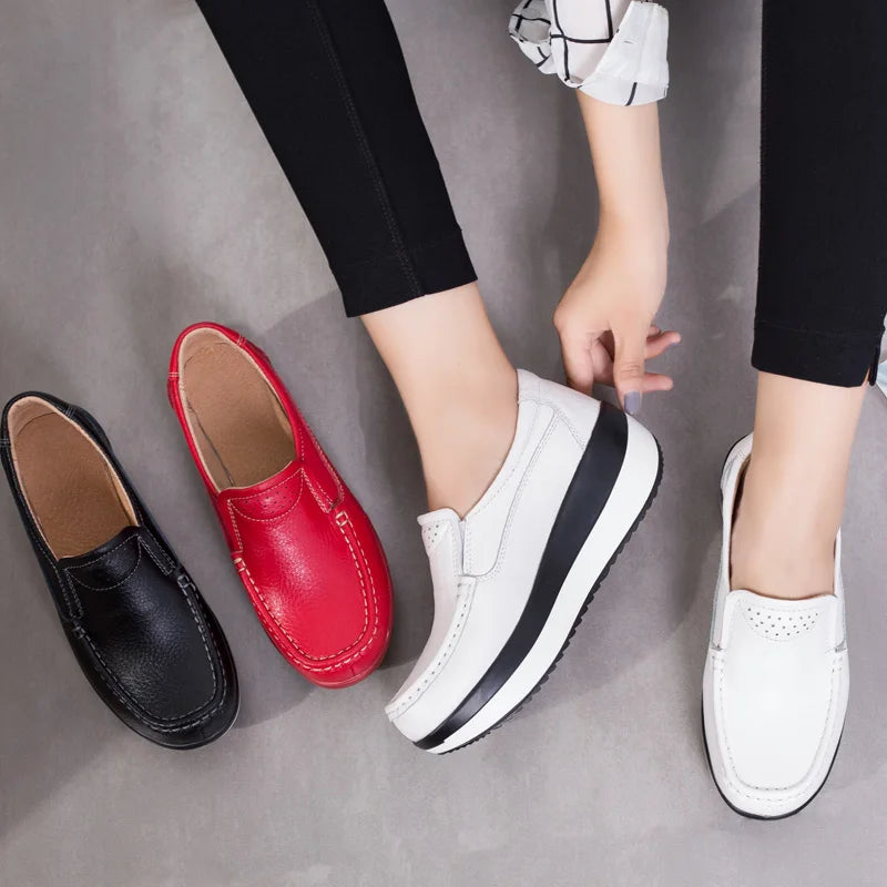 Women's Spring Autumn Genuine Leather Loafers - Fall Slip-On Round Toe Navy Platform Casual Flat Shoes