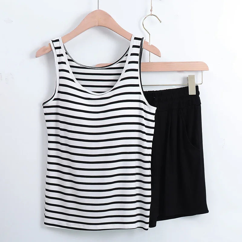 Summer Styles Sleepwear Set New Sleeveless Shorts Sexy Pajama Set Cute Women's Home Wear Striped Pyjamas With Chest Pad
