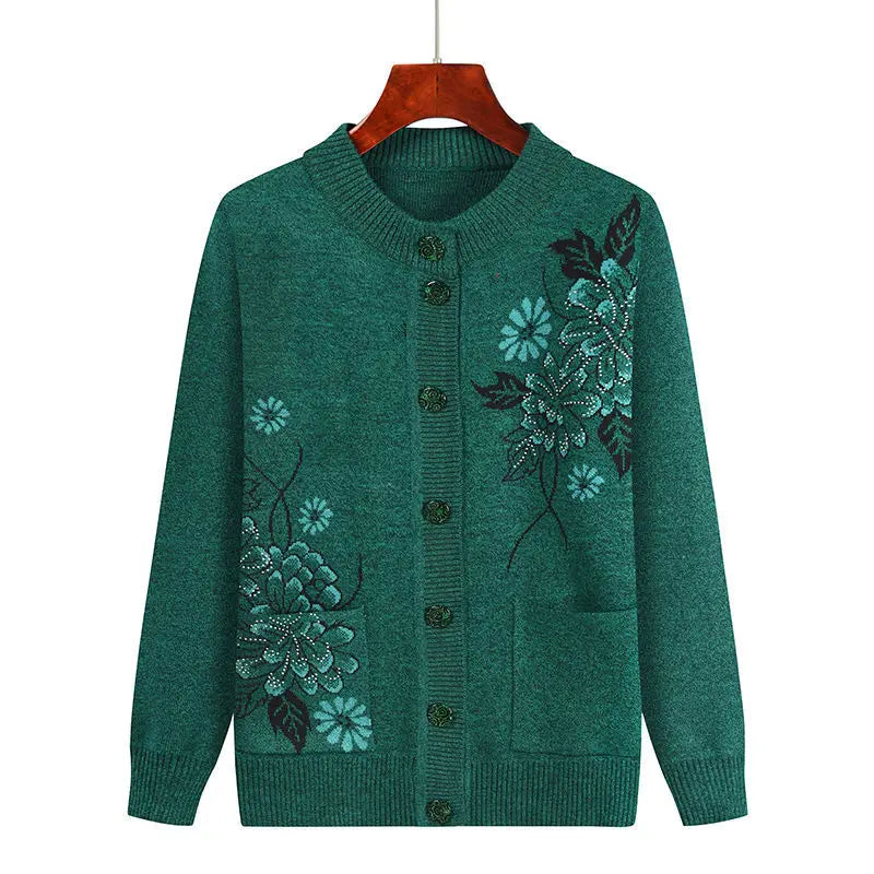 Grandma Embroidered Knit Cardigan Jacket Autumn Winter Loose O Neck Long Sleeve Pocket Sweater Coat Casual Female Outwear Tops