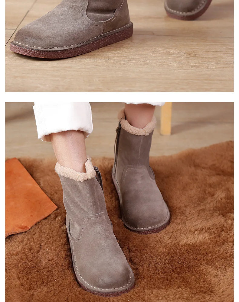 Careaymade-Genuine cow leather Snow cotton round head flats woolen short boots plush warm snow boots Oversized shoes size 35-43