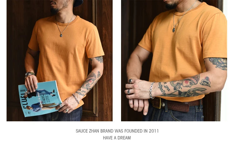 Saucezhan Tops & Tees Men's T-shirt Summer Short Sleeve 5 Colors Pure Cotton  Anti-deformation Double-woven fabric 340g