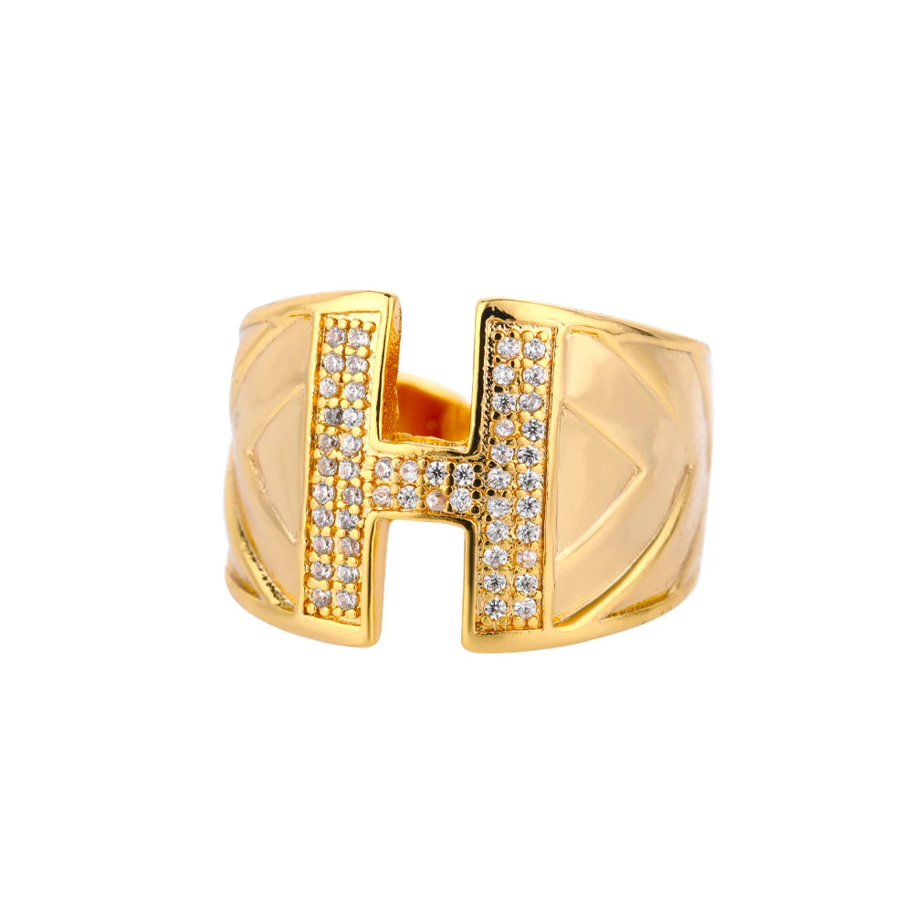 Chunky Zircon Initial Letter Rings For Women Stainless Steel Hip Hop Jewelry
