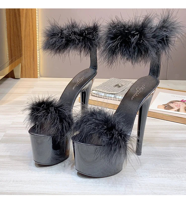 17CM Fur Womens Party Shoes Fashion 2023 Summer Sexy Exquisite Open Toe Ladies Shoes Female Stiletto Super High Heel Sandals