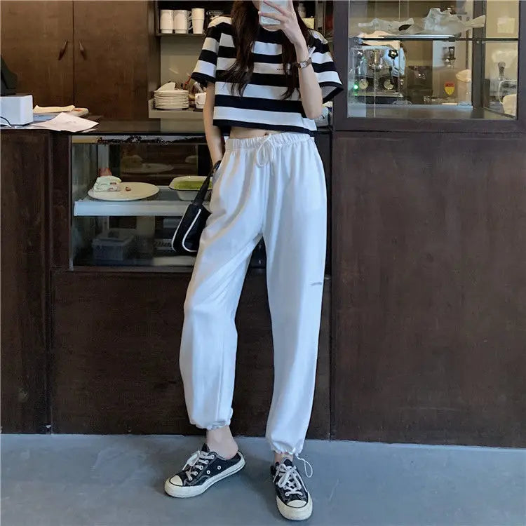 Black White Striped Cropped Top Women Summer New Korean Loose Short-sleeved T-shirt Fashion Egirl Letter Print Oversized Shirt