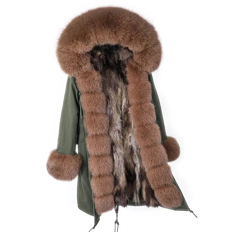 Maomaokong Winter Woman Natural Fur Overcoat Plus Size Black Parkas Raccoon Real Fur Lining Extra Larg Warm Jacket Coats Long