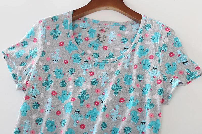 Summer Women Casual Cartoon Sleep Dress 100% Cotton Nightgown Plus Size Dresses Women Chemise de nuit Short Sleeve Home Dress