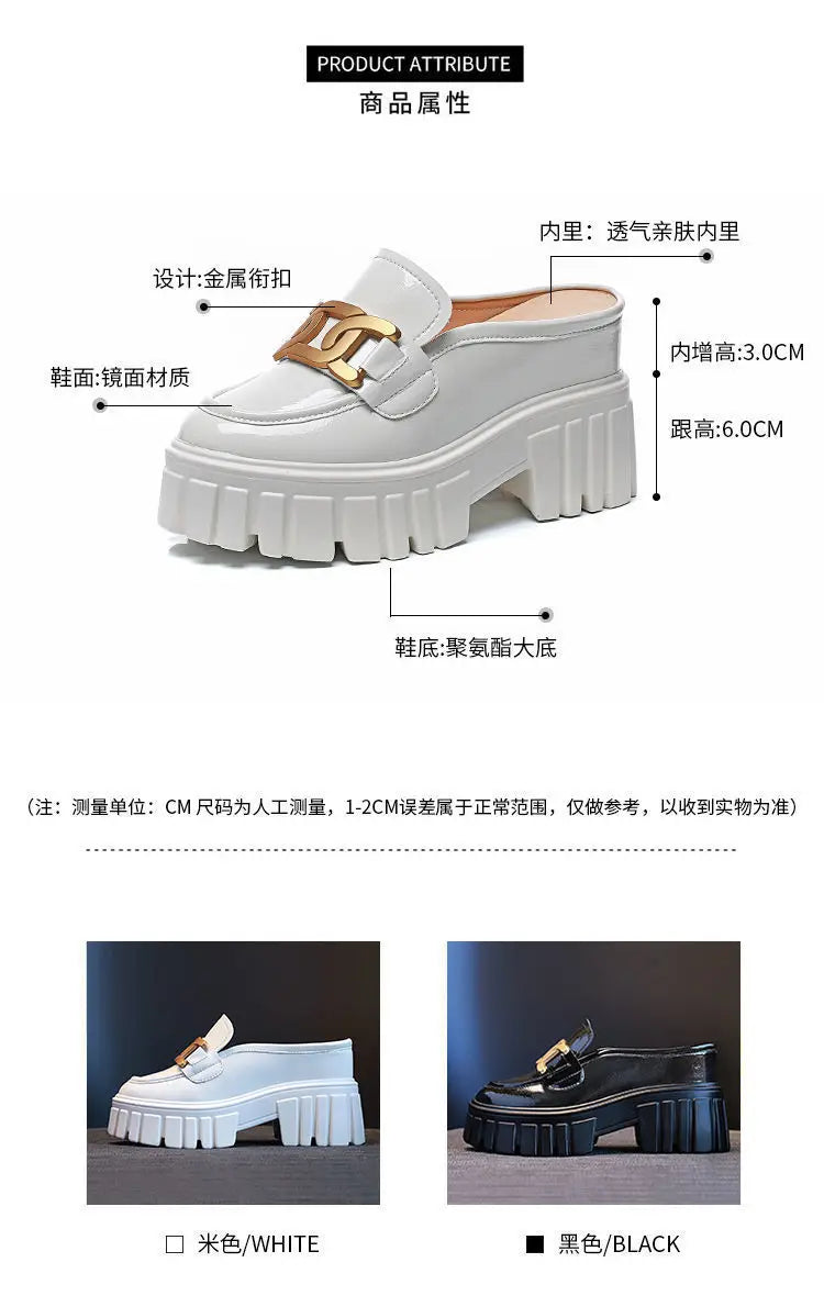 Leather Closed Toe Half Slippers Women Summer 2023 New Fashion Thick Bottom Internet Celebrity Lazy Sandals Shoes Women