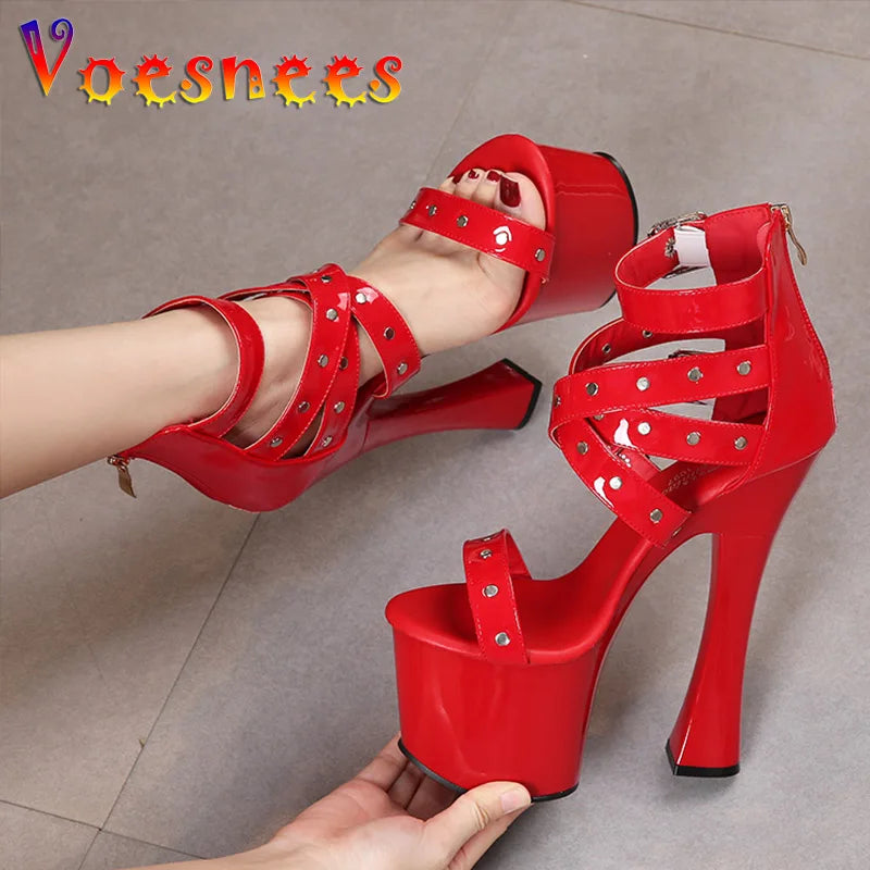 Summer Night Club Women Rivets Sandals 2021 New Thick High Heel Platform Lady Open Toe High Heels Fashion Belt Buckle Zip Shoes
