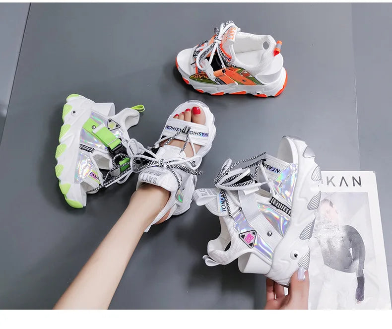Comemore 2022 Platform Gladiator Sandals Lace Up White Sandals Women High Heels Wedges Casual Sports Shoes Woman Spring Summer