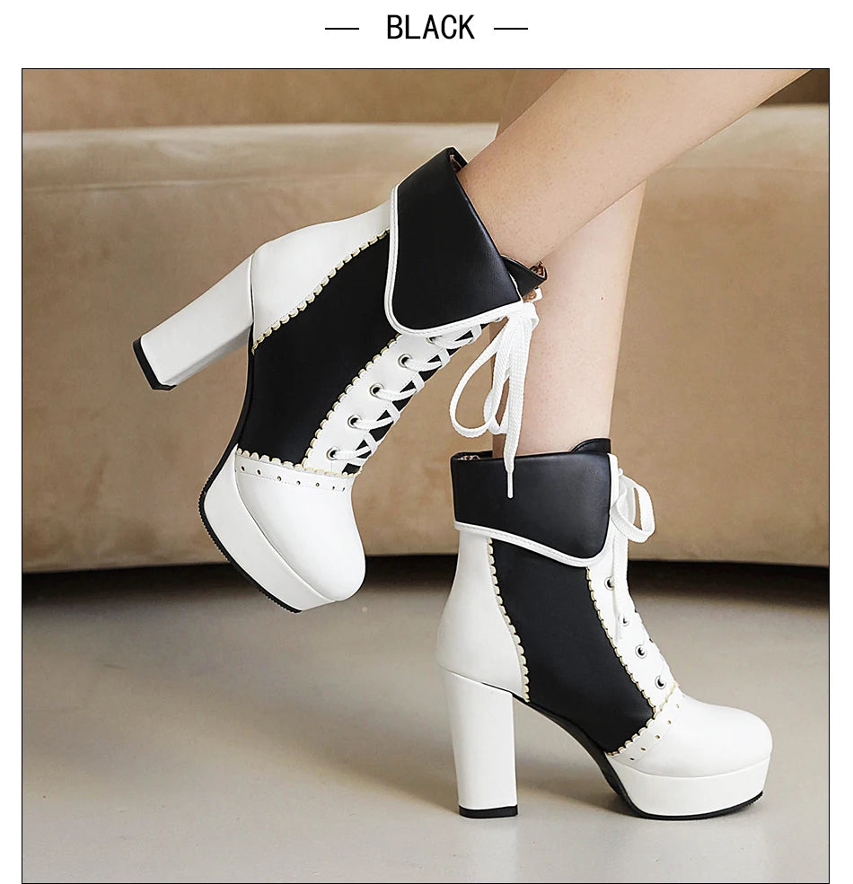 Gdgydh Korean Sweet Cosplay Lolita Shoes Women Ankle Boots High Heels Ruffles Dress Wedding Shoes Bride Mixed Colors Lace Up