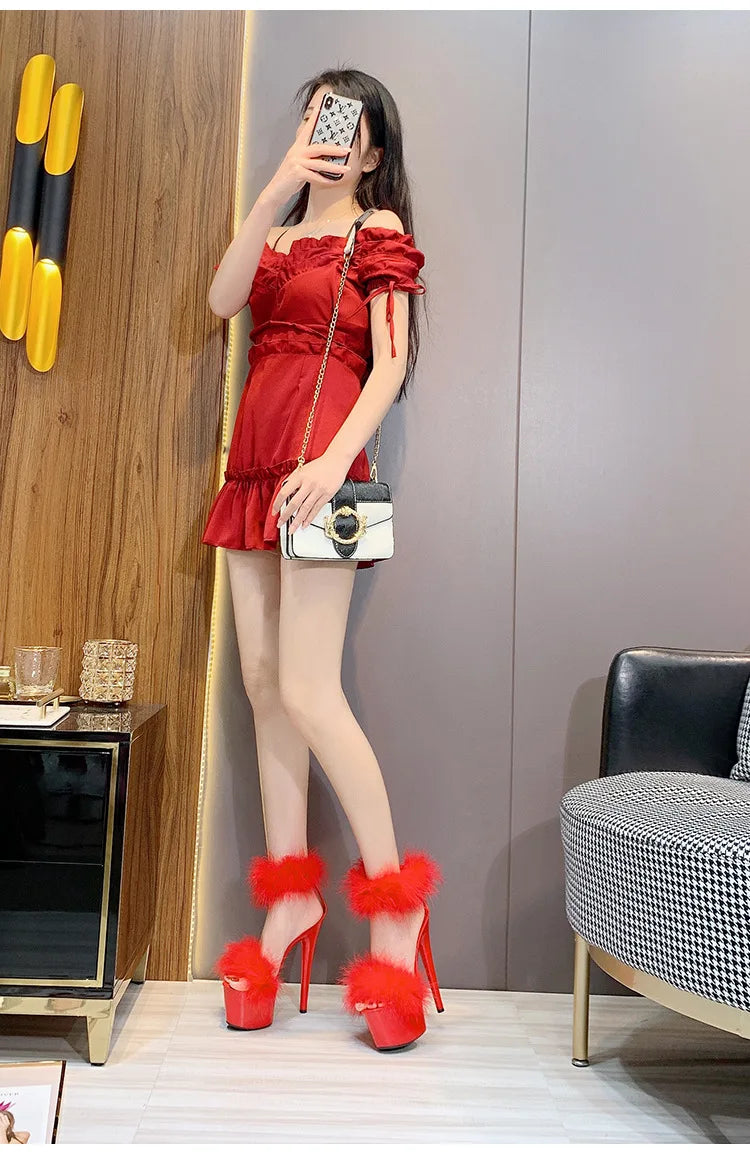 17CM Fur Womens Party Shoes Fashion 2023 Summer Sexy Exquisite Open Toe Ladies Shoes Female Stiletto Super High Heel Sandals
