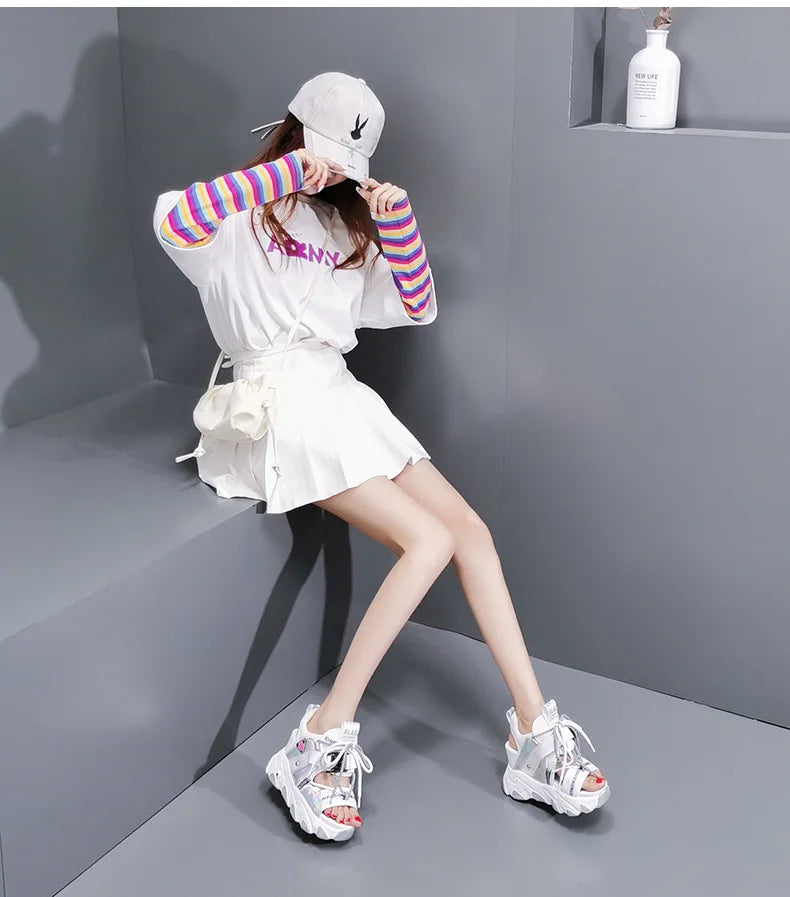 Comemore 2022 Platform Gladiator Sandals Lace Up White Sandals Women High Heels Wedges Casual Sports Shoes Woman Spring Summer