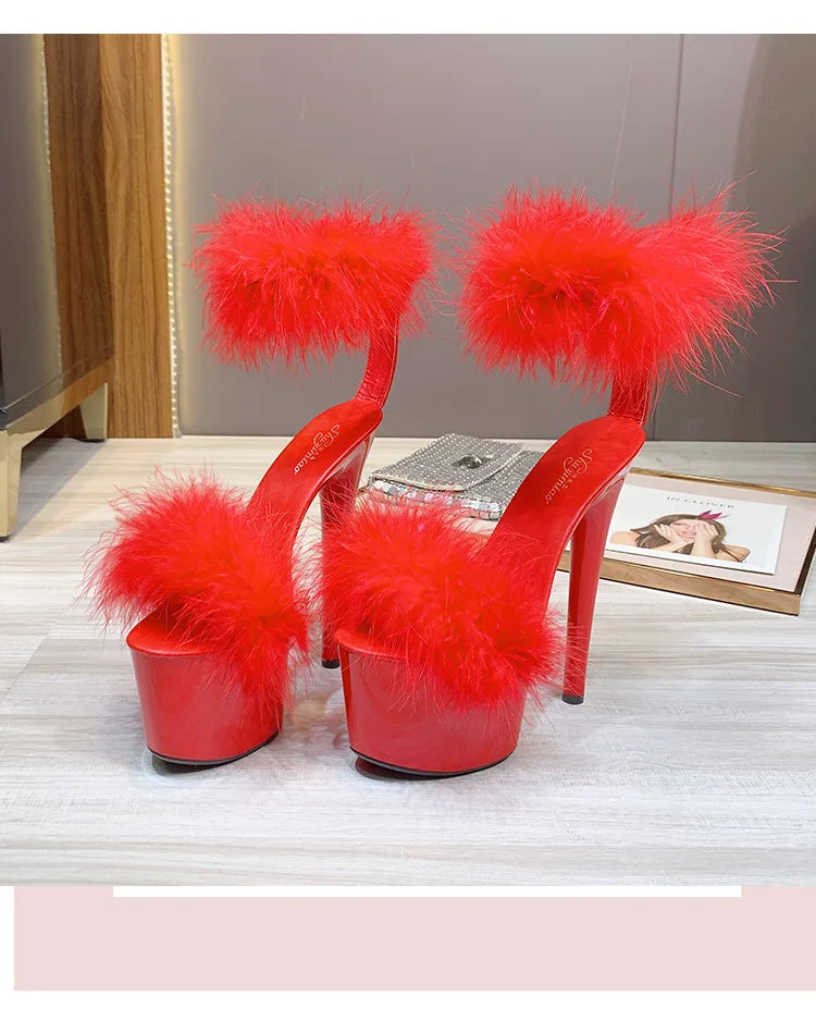 17CM Fur Womens Party Shoes Fashion 2023 Summer Sexy Exquisite Open Toe Ladies Shoes Female Stiletto Super High Heel Sandals