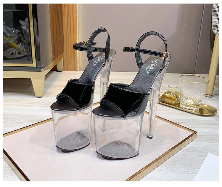 Summer Sandalias Mujer 2024 Sandales Sexy 20cm High Heels Patent Leather Crystal Stripper Platform Heels Women Shoes