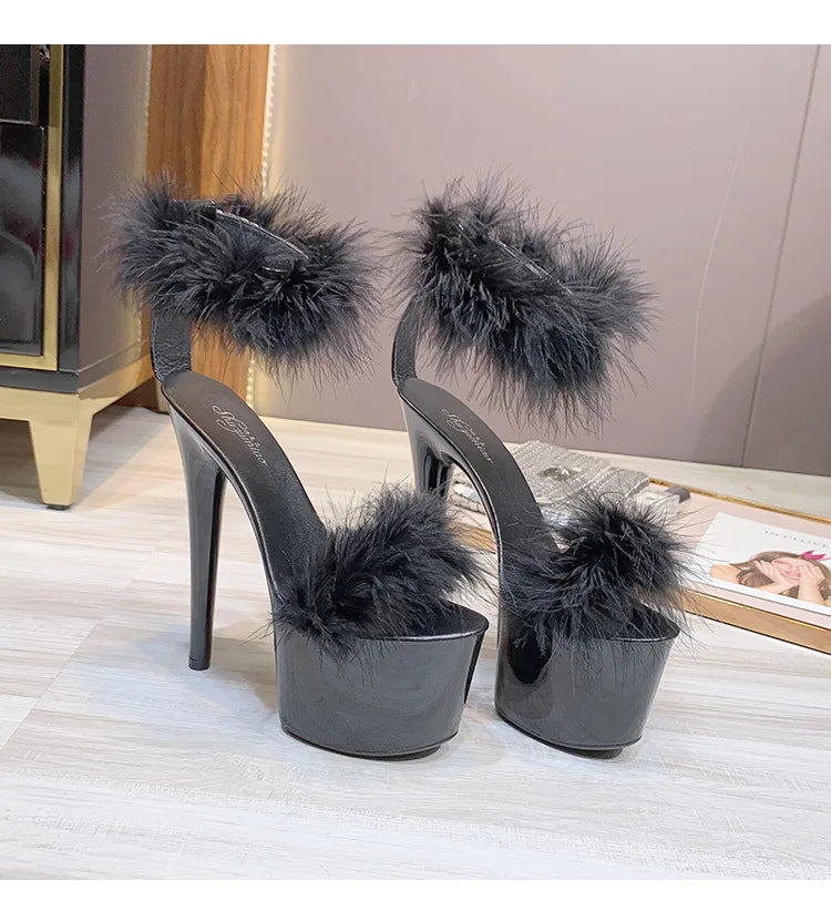 17CM Fur Womens Party Shoes Fashion 2023 Summer Sexy Exquisite Open Toe Ladies Shoes Female Stiletto Super High Heel Sandals
