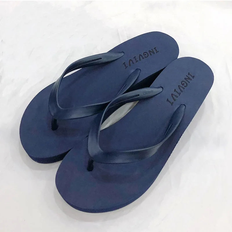 EOFK Women Flip Flops Wedges Casual Shinny Beach 3.5 Cm Height PVC Solid Summer Outside Slippers Soft Shoes