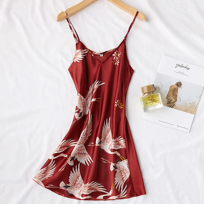 Burgundy Women 2PCS Faux Silk Kimono Robe Gown Sets Sexy Print Crane Nightdress &Bathrobe Lingerie Nightgown Summer Sleepwear