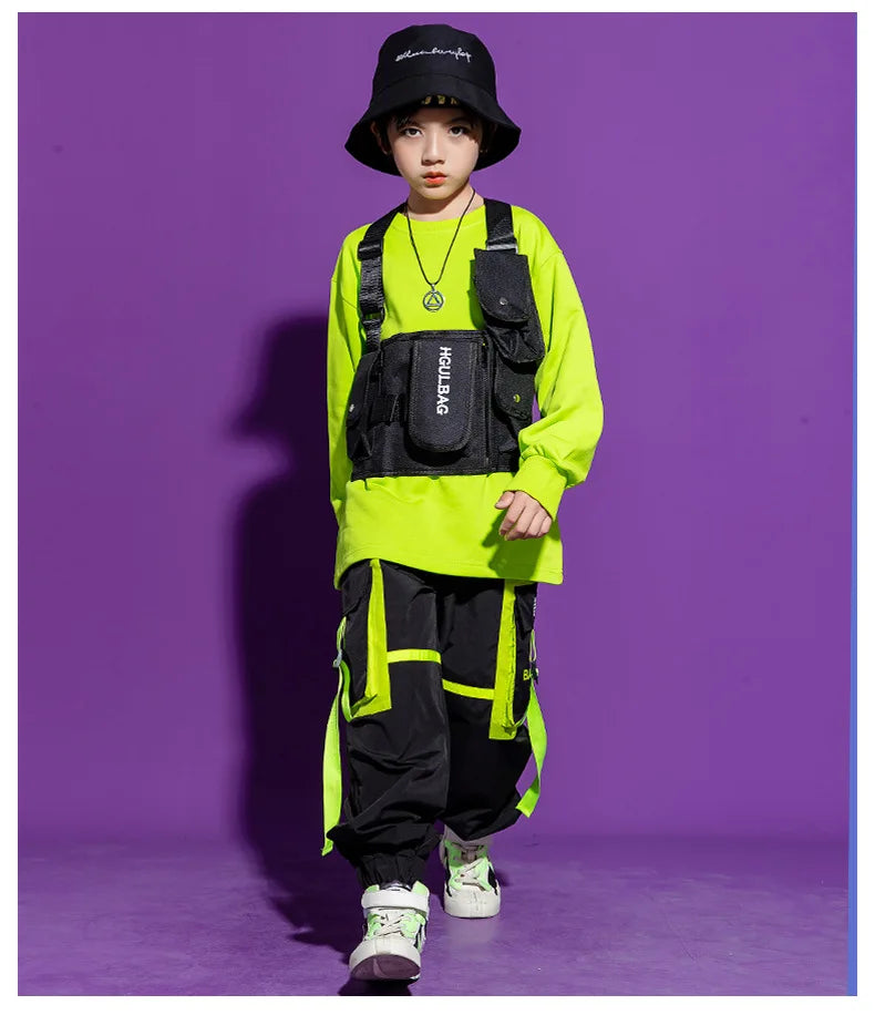 Boys Hip Hop Cool Vest Girls Cargo Pant Outfit Child Sweatshirt Chest Bag Joggers Street Dance Kids Streetwear Costume Sportwear
