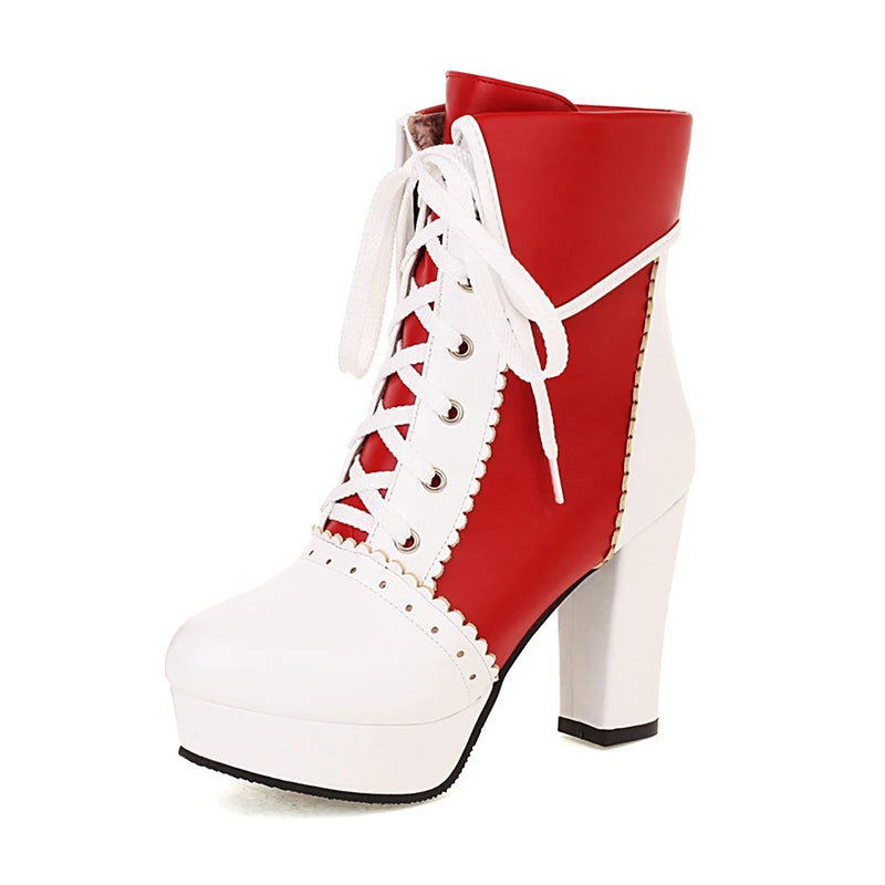 Gdgydh Korean Sweet Cosplay Lolita Shoes Women Ankle Boots High Heels Ruffles Dress Wedding Shoes Bride Mixed Colors Lace Up