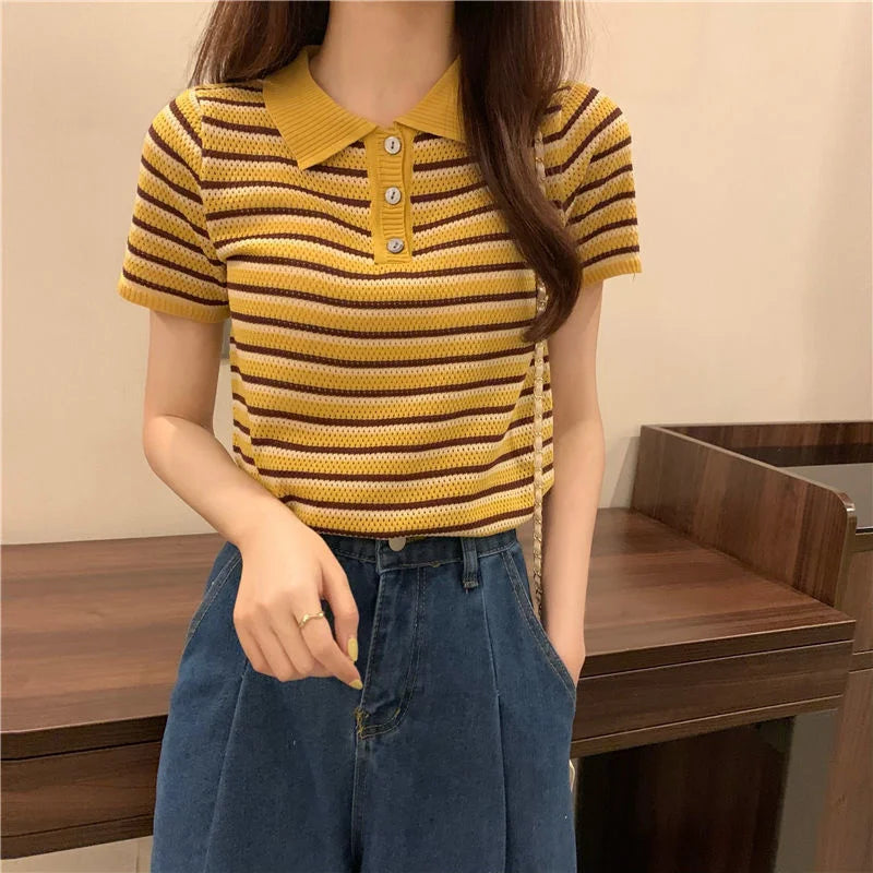 Woman TShirts Top Summer Women's 2021 Striped Knitted Short-Sleeved  Crop Top Mujer Camisetas