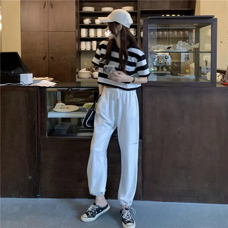 Black White Striped Cropped Top Women Summer New Korean Loose Short-sleeved T-shirt Fashion Egirl Letter Print Oversized Shirt