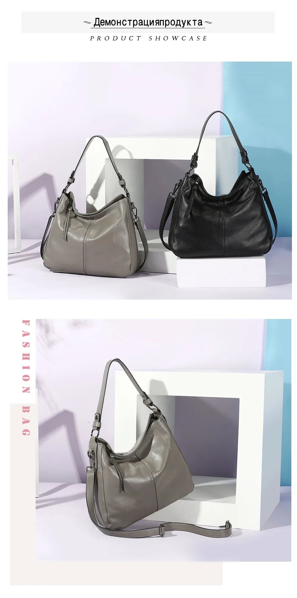 Zency 100% Genuine Leather Elegant Women Shoulder Bag Classic Black Hobos Roomy Casual Tote Handbag Crossbody Messenger Grey