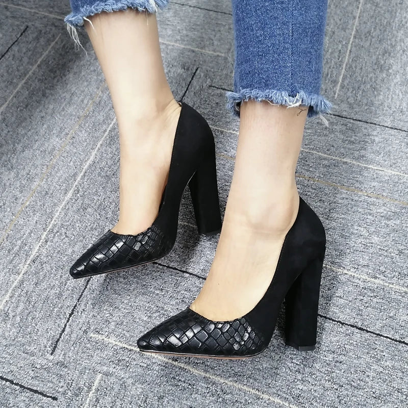 Richealnan Women Pointed Toe  Classic Slip On High Heels Thick Shoes Wedding Office Dress Big Size Chunky Lady  Block Pumps