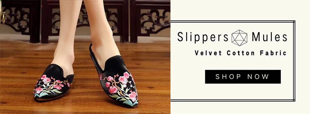 Veowalk Flowers Embroidered Women Flannel Cotton Mules Slippers Close Pointed Toe All Season Leisure Ladies Comfort Flat Shoes