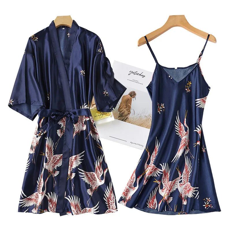 Burgundy Women 2PCS Faux Silk Kimono Robe Gown Sets Sexy Print Crane Nightdress &Bathrobe Lingerie Nightgown Summer Sleepwear