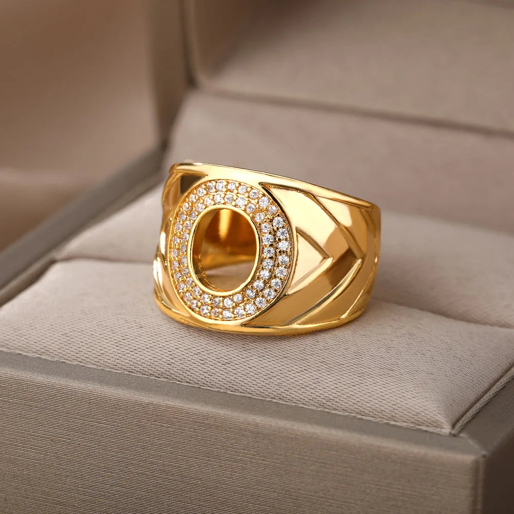 Chunky Zircon Initial Letter Rings For Women Stainless Steel Hip Hop Jewelry