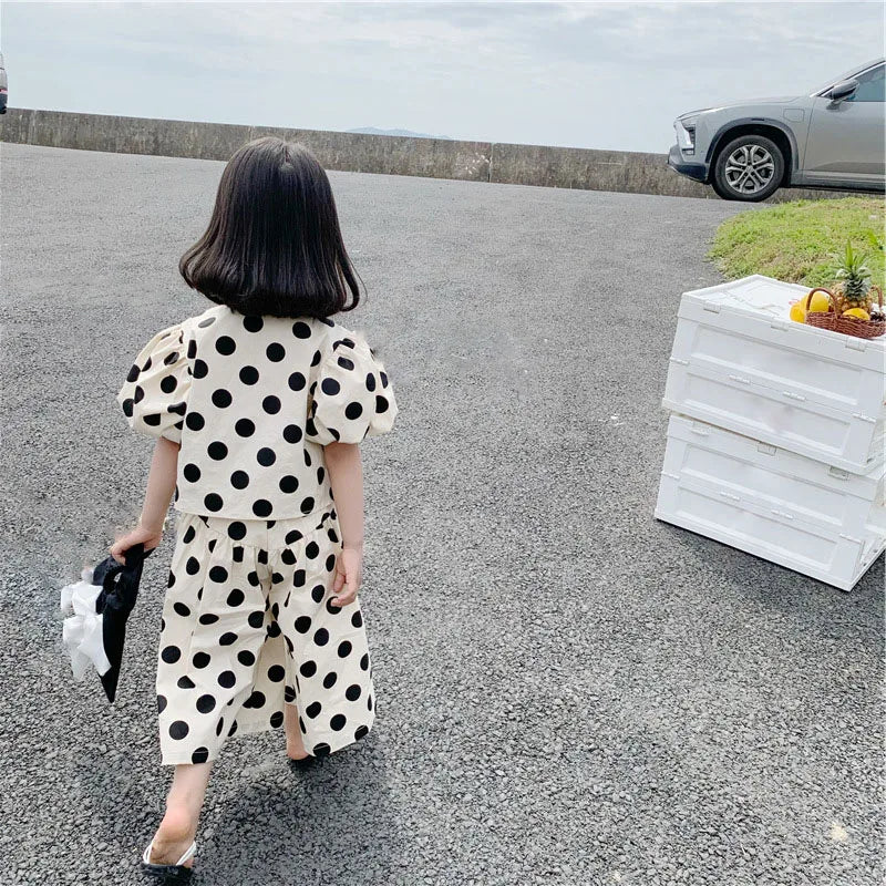 Summer Girls' Clothing Sets Fashion Single-breasted Polka Dot Girls' Shirt Top+Culottes Baby Kids Clothes Suit Children Clothing