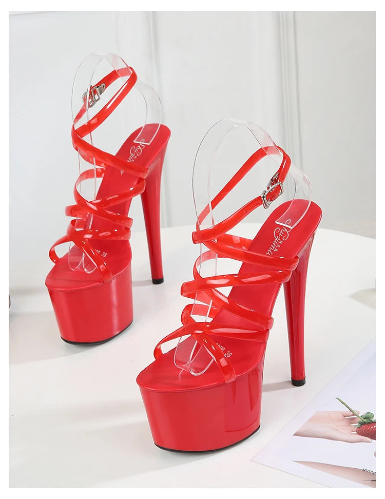 2022 Summer 15cm 17cm 20cm Transparent PVC Strap Sandals Women High Heels Platform Shoes Woman Cross Strap Sandals Big Size 43
