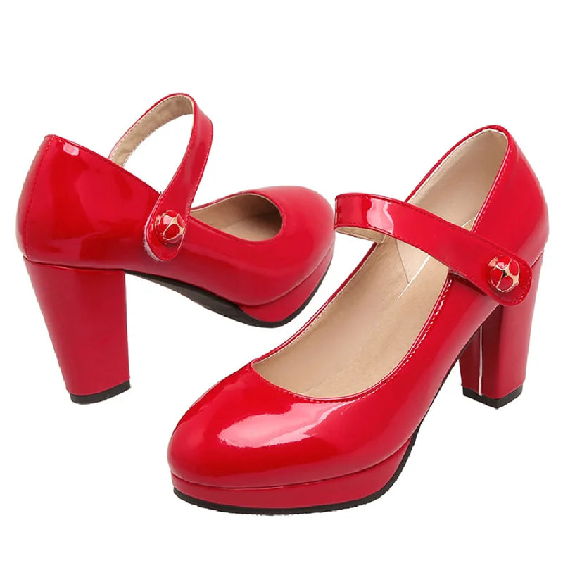 Elegant Women's High Heels Mary Janes Shoes Patent Red Pink White Heeled Party Wedding Shoes Female Dress Pumps Large Size 45