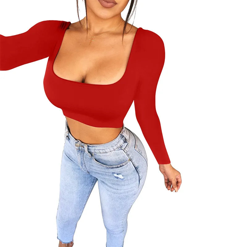 Women Summer Spring Crop Top Square Neck Long Sleeve Black White Tee