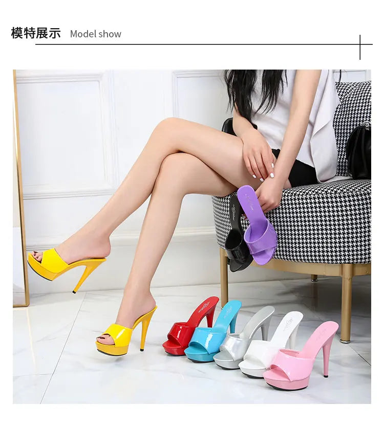 Slippers Women Summer 2021 New Black High Heels 9cm 13 CM 15cm Color Club Sexy High Platform Thin Heels  Party Girl Show Sandals
