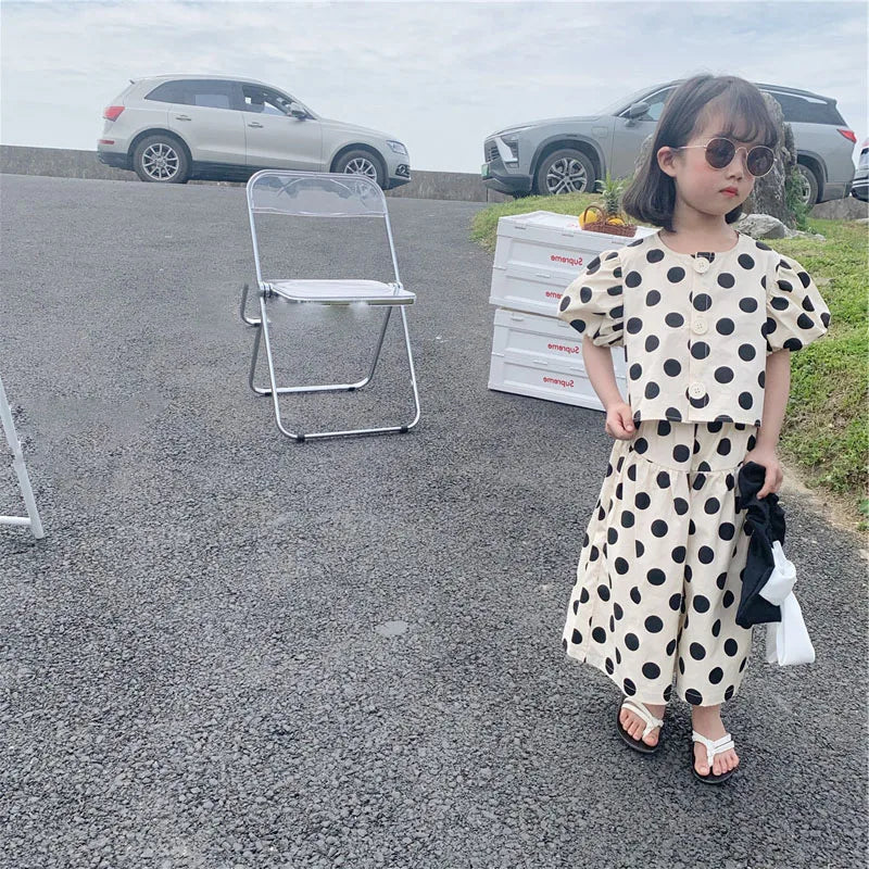 Summer Girls' Clothing Sets Fashion Single-breasted Polka Dot Girls' Shirt Top+Culottes Baby Kids Clothes Suit Children Clothing