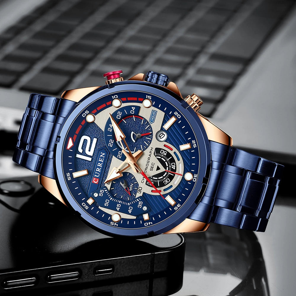 CURREN Luxury Brand Sport Wristwatches for Man Luminous Quartz Watches Casual Chronograph Stainless Steel Male Clock