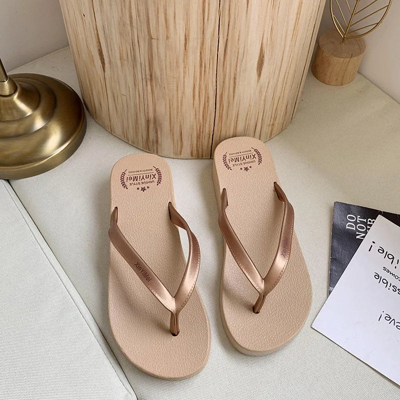 EOFK Women Flip Flops Wedges Casual Shinny Beach 3.5 Cm Height PVC Solid Summer Outside Slippers Soft Shoes