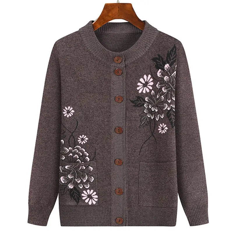Grandma Embroidered Knit Cardigan Jacket Autumn Winter Loose O Neck Long Sleeve Pocket Sweater Coat Casual Female Outwear Tops