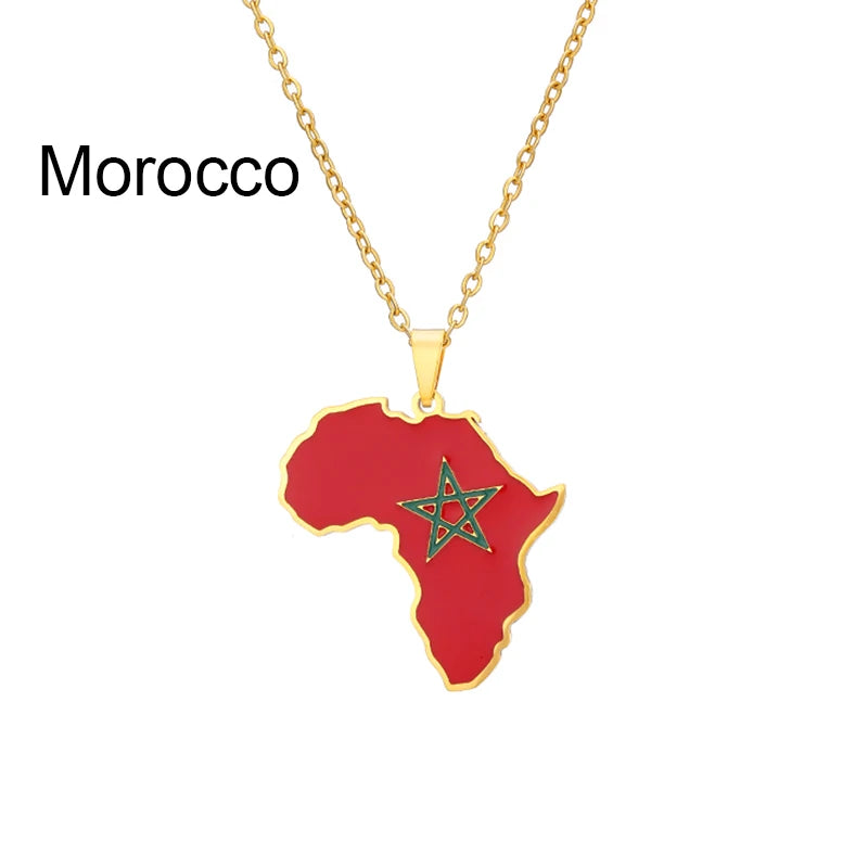 African Map Flag Pendant Necklace Stainless Steel Men Women Rwanda Sudan Uganda Zimbabwe Zambia Ethnic Maps Jewelry Gift
