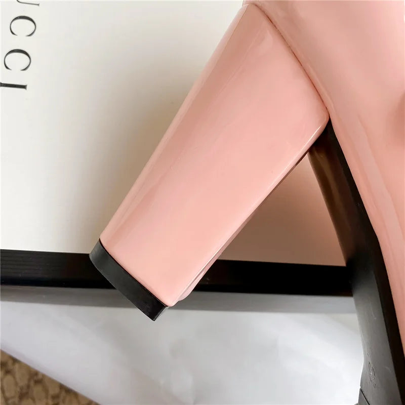 Elegant Women's High Heels Mary Janes Shoes Patent Red Pink White Heeled Party Wedding Shoes Female Dress Pumps Large Size 45