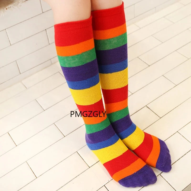 Children Socks Girls Socks Knee Casual Fashion Rainbow Striped Printing Knee Socks Kids Breathable Cotton Girl Socks