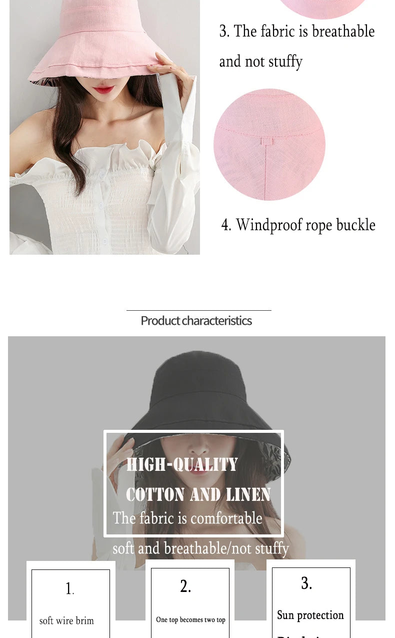 K34 Women's Hat Bucket hat Panamanian Women  Four Seasons Fisherman Hat Big Brim Hat Double-Sided Fisherman Hat Sun Visor Sunhat