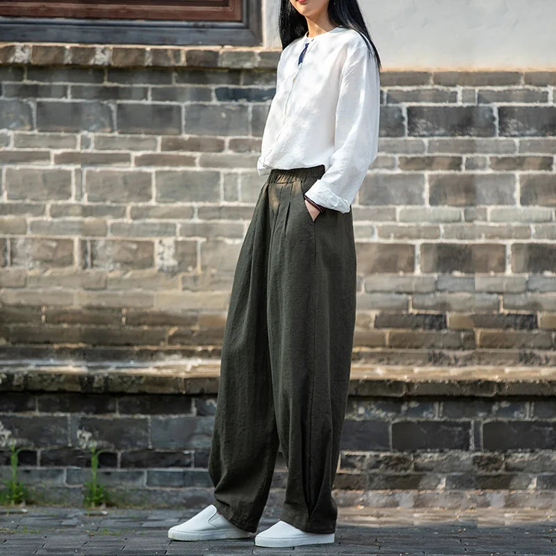 Johnature Women Loose Cotton Linen Casual Pants Solid Color Elastic Waist Lantern Pants 2025 Spring New Female Trousers