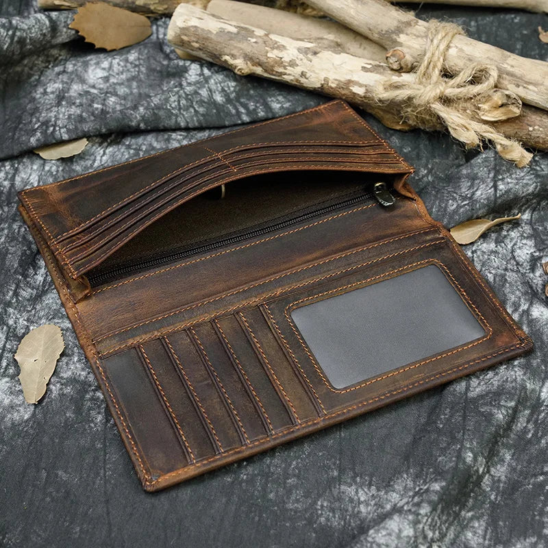 Men's Crazy Horse Leather Long Wallet Brown Real leather Trifold clutch snap purse Hasp purse with Phone pocket and coin pocket