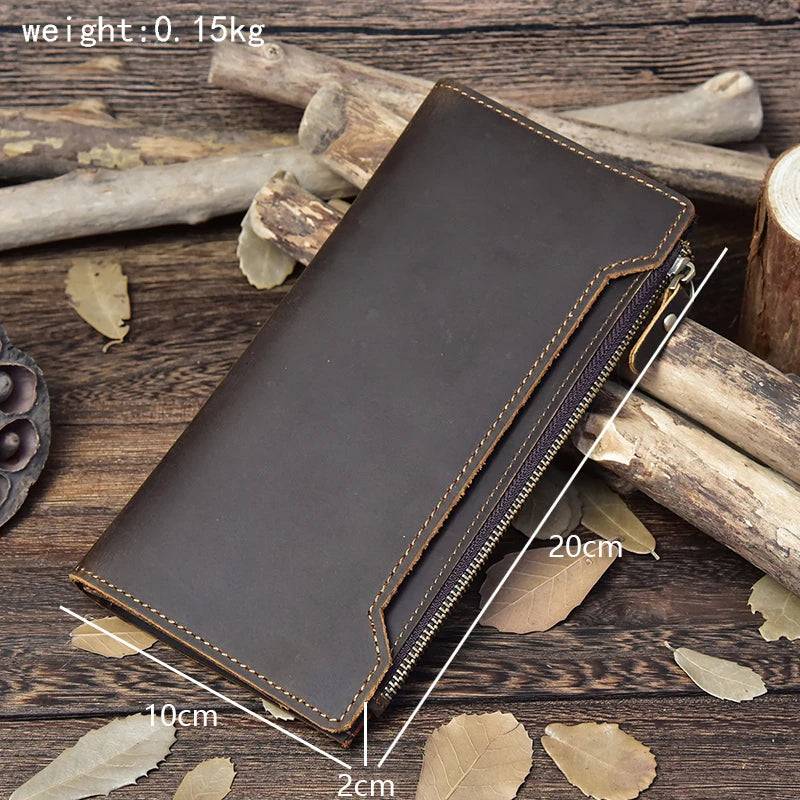 Men's Crazy Horse Leather Long Wallet Brown Real leather Trifold clutch snap purse Hasp purse with Phone pocket and coin pocket
