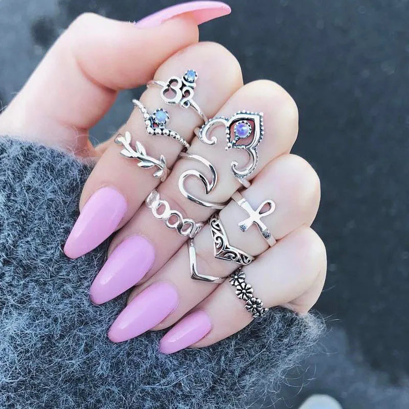 12pcs/Set Fashion Elephant Knuckle Rings Set For Women Crystal Stone Feather finger Ring Female Boho Party Jewelry Gift