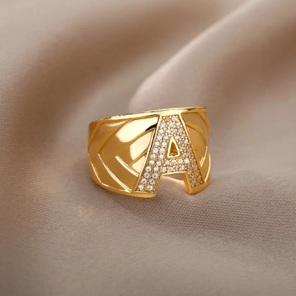 Chunky Zircon Initial Letter Rings For Women Stainless Steel Hip Hop Jewelry
