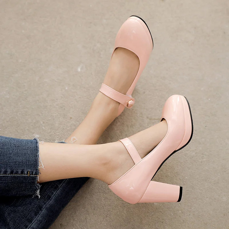 Elegant Women's High Heels Mary Janes Shoes Patent Red Pink White Heeled Party Wedding Shoes Female Dress Pumps Large Size 45