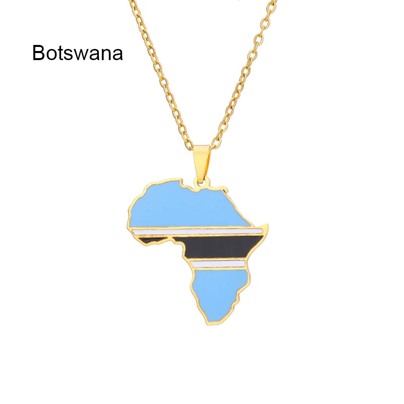 African Map Flag Pendant Necklace Stainless Steel Men Women Rwanda Sudan Uganda Zimbabwe Zambia Ethnic Maps Jewelry Gift